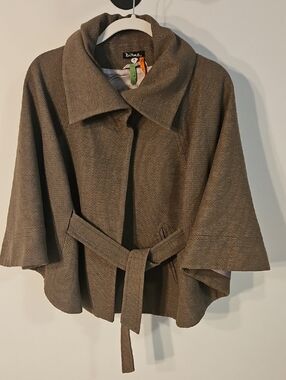 Anthropologie TAIKONHU Taupe Brown Green Belted Cape Cardigan Sz M
